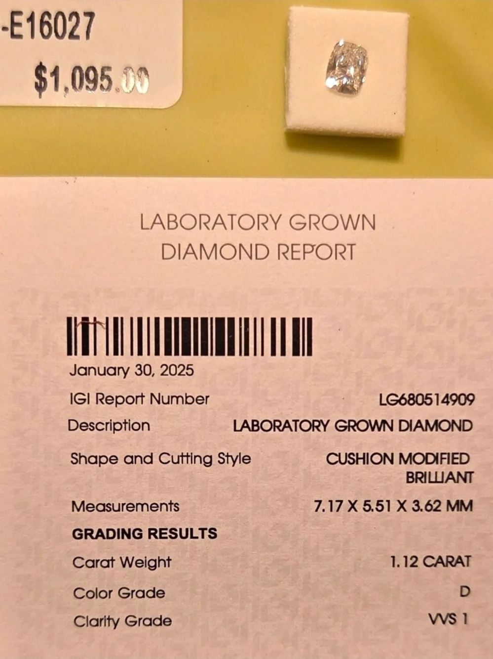 Cushion Modified Brilliant Laboratory Grown Diamond - D Color